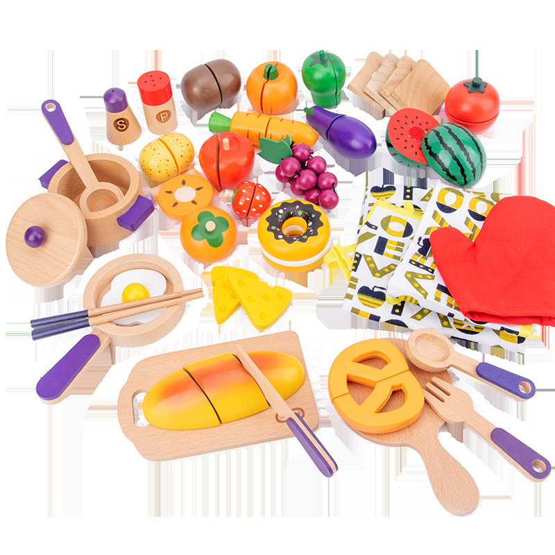 Wooden Pretend Play Kitchen Accessories Toys Set Cookware Pots Food Cutter Play Set for Kids