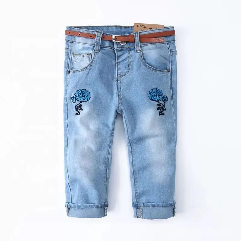 P0184 Girl's jeans with belt and flower embroidery forgirl's winter wear,Children's clothing
