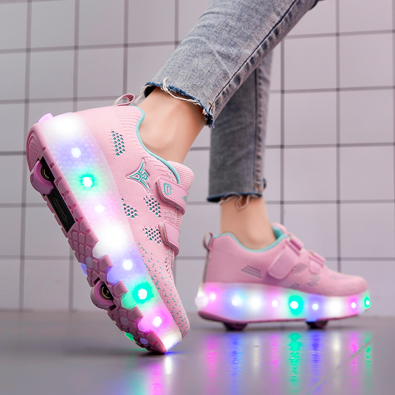 Kids Kick Out Wheeled Shoes Children Roller LED Shoes With Wheels Boys Running Roller Skate Shoes