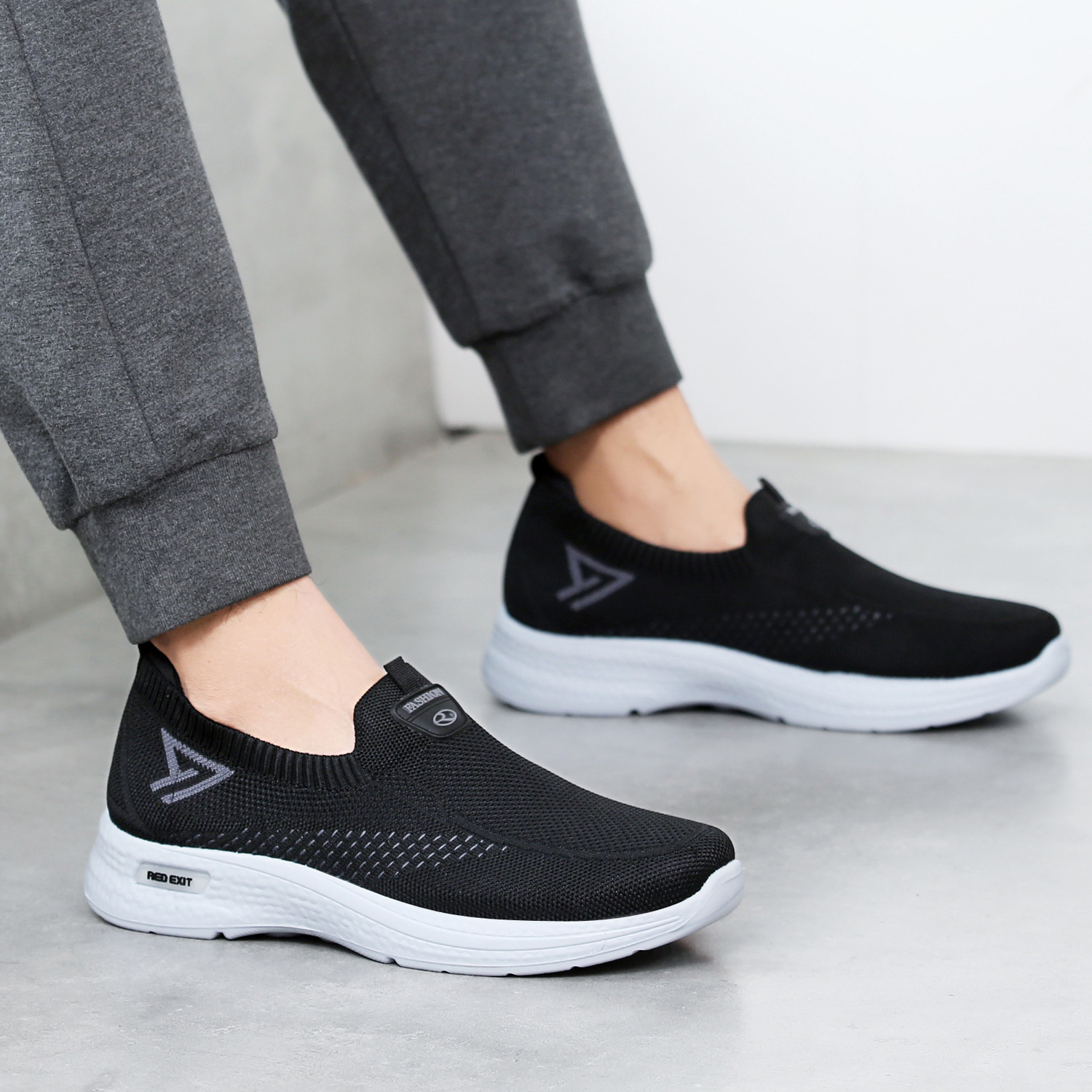 Non slip knit upper Mens breathable flat walking massage fitness driving loafers shoes sneakers