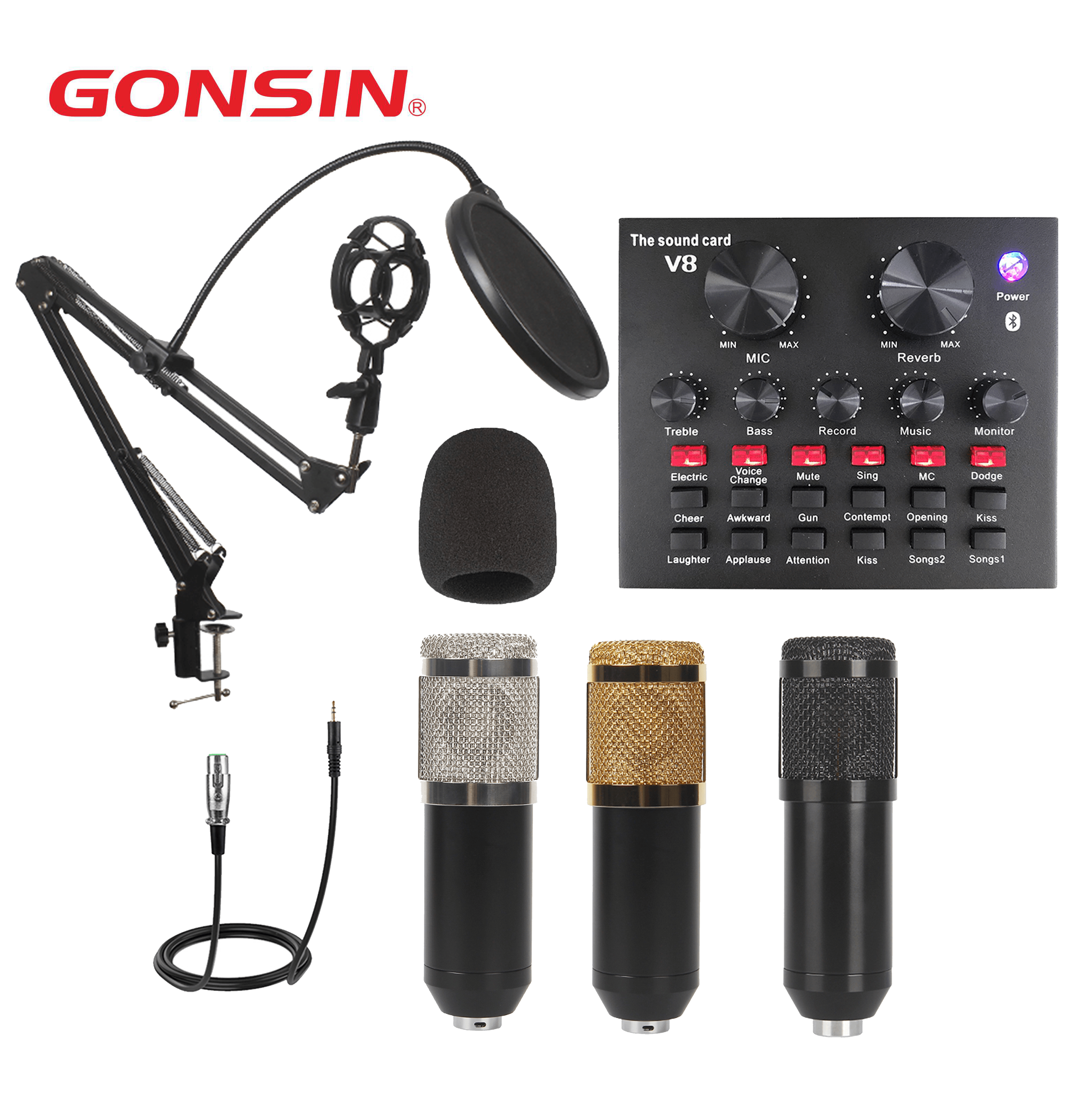 GONSIN external V8 sound card mixer with portable all-in-one production recording studio audio interface