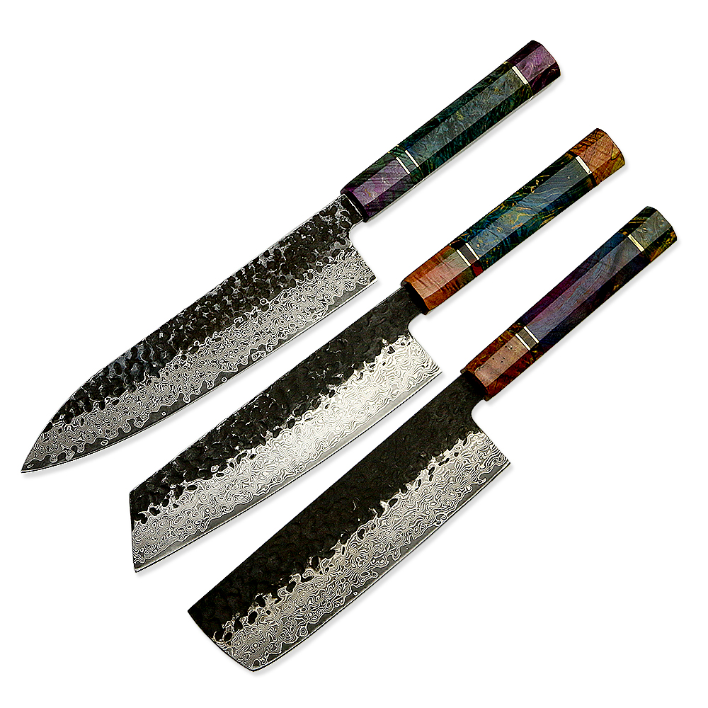 3 pcs 67 layers Damascus Japanese VG 10 Steel Stainless kithen knife set with stabilized wood handle