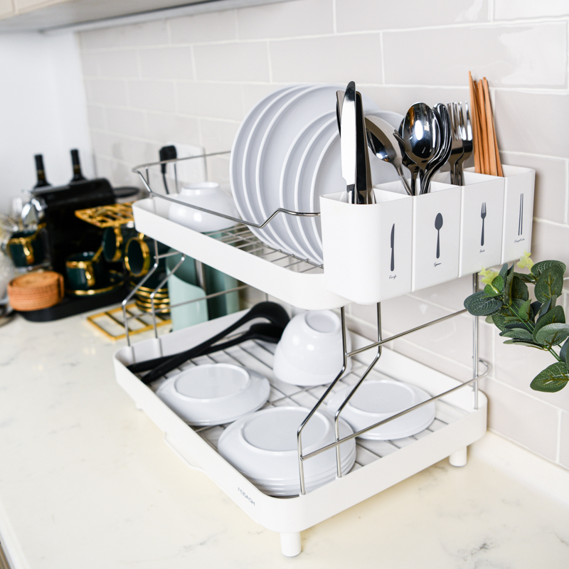 white 2 layers stainless steel dish rack with plastic use for kitchen