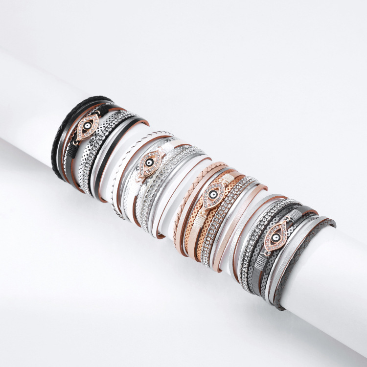 Boho Retro Ethnic Turkish Blue Eyes Bracelets Bangle Handmade Braiding Multilayer Leather Wrap Bracelet with Magnetic Clasp