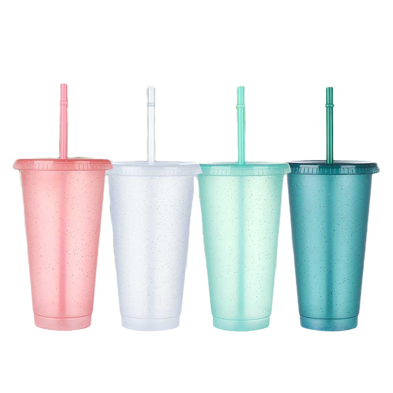 Double wall 24 oz plastic bubble tea glitter cup with straw in low price for sale