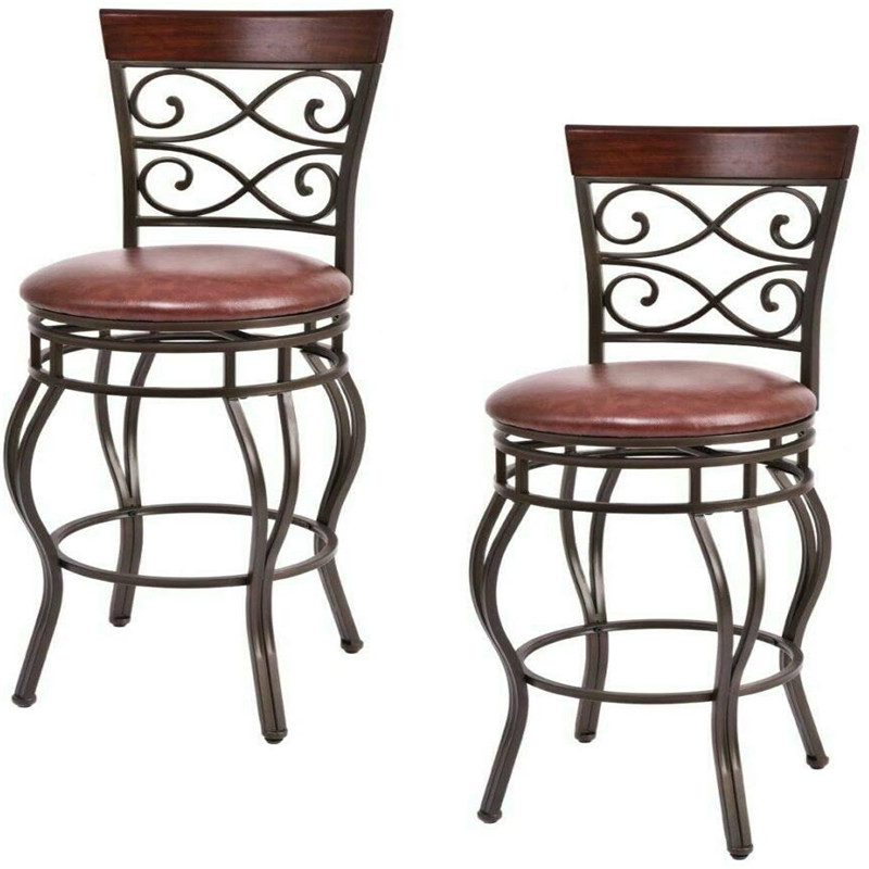 Antique Style Design Wood Adjustable Swivel 360 Degree Rotating Black Metal PU Leather Counter Height Bar Stool