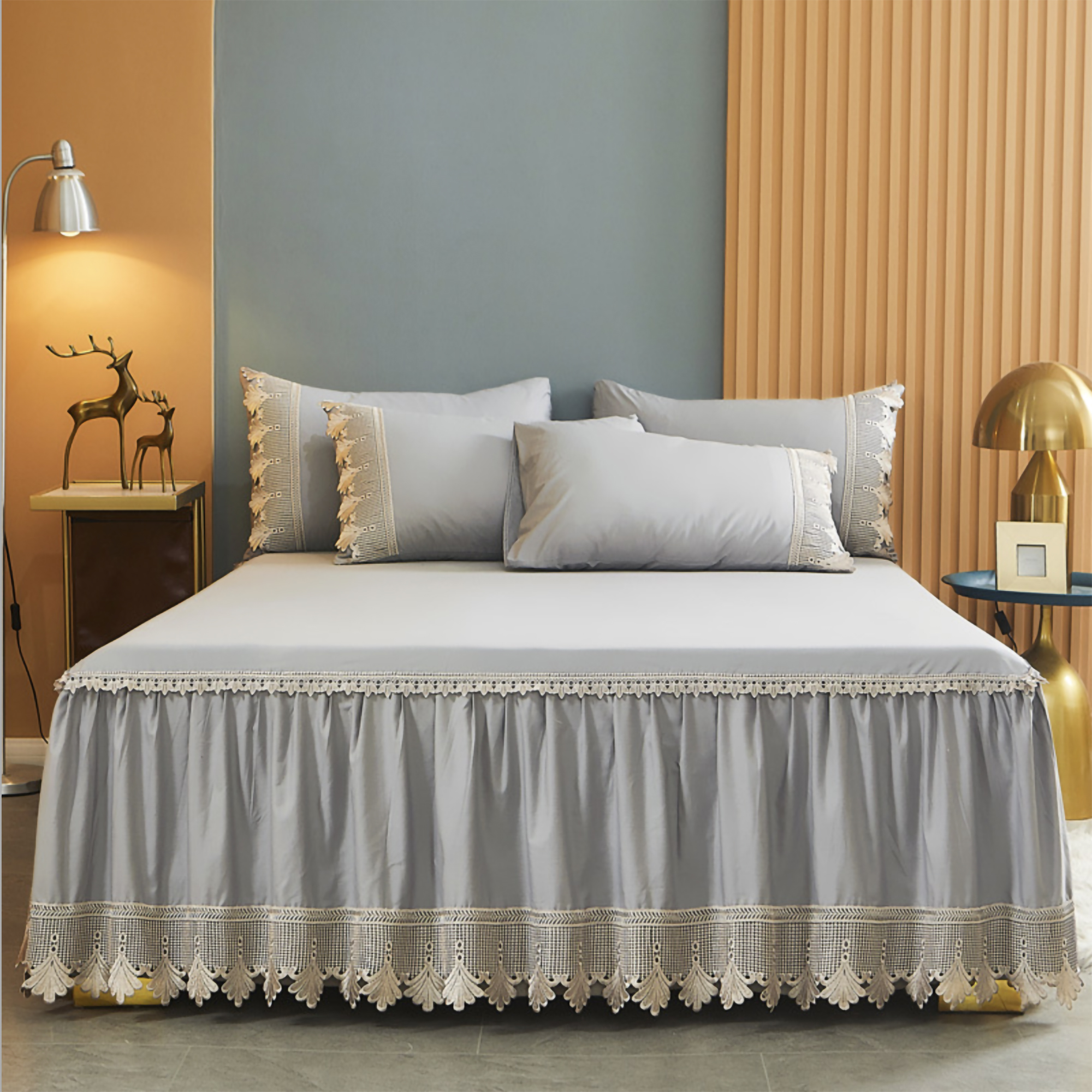 wholesale customized full queen king size bedding set skirt 100% long staple cotton Luxury lace bed skirts home hotel