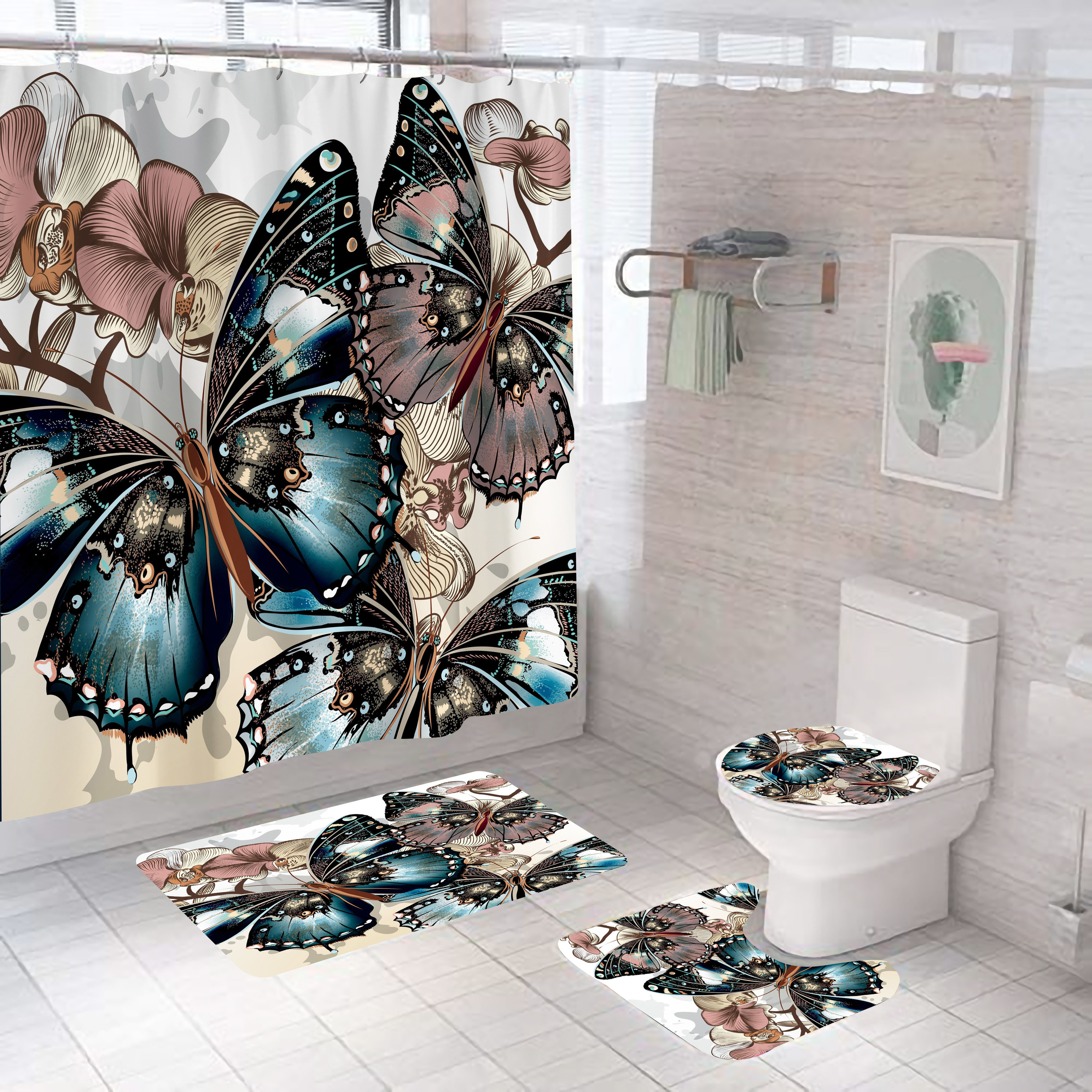 Butterfly series Wholesale Mat Shower 4 Pieces Set Shower Curtain 3 Pieces Set Bathroom Mat Bathroom Decoration