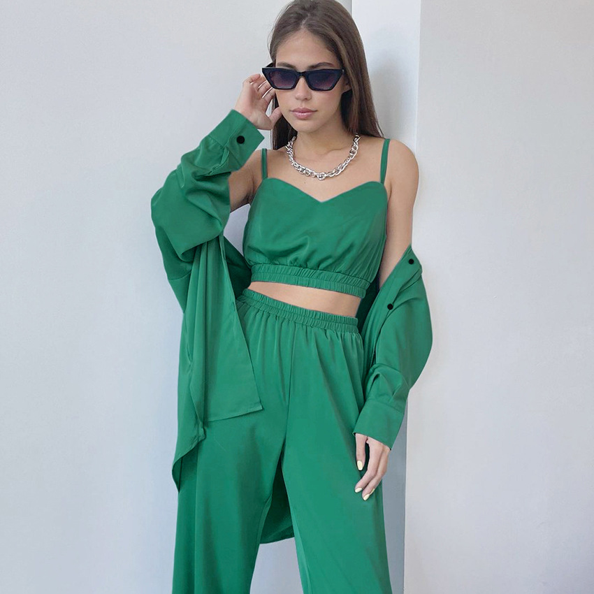 custom logo satin solid color three piece set pyjamas long sleeve outdoor loungewear sling lingerie lapel home sexy sleepwear