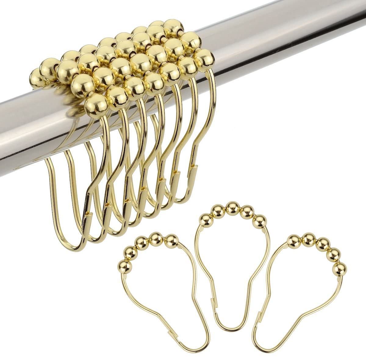 GALENPOO Stainless Steel Shower Curtain Rings and Hooks for Bathroom Shower Rods Curtains-Set of 12, Polished Golden
