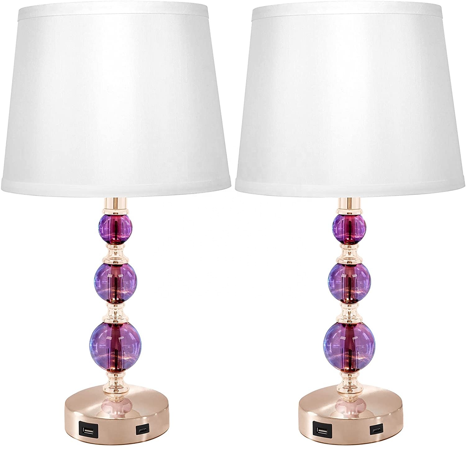 3 Way Dimmable Touch with USB and Type-C Charging Ports Set of 2 Crystal Bedroom table Lamp