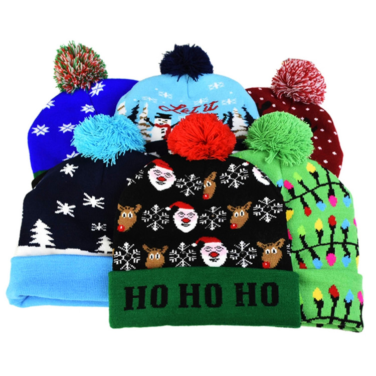 Festival Xmas Party Pompom Led Hats Kids Led Light-up Caps Women Winter Led Christmas Knitted Beanies Hats