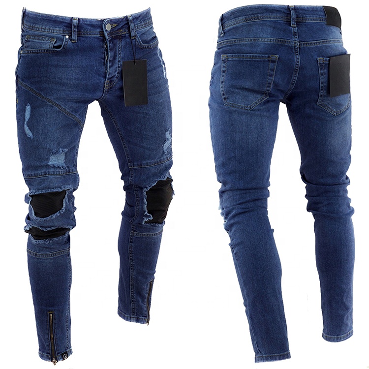 Mens fashion wholesale soft slim leg ripped denim jeans with zip