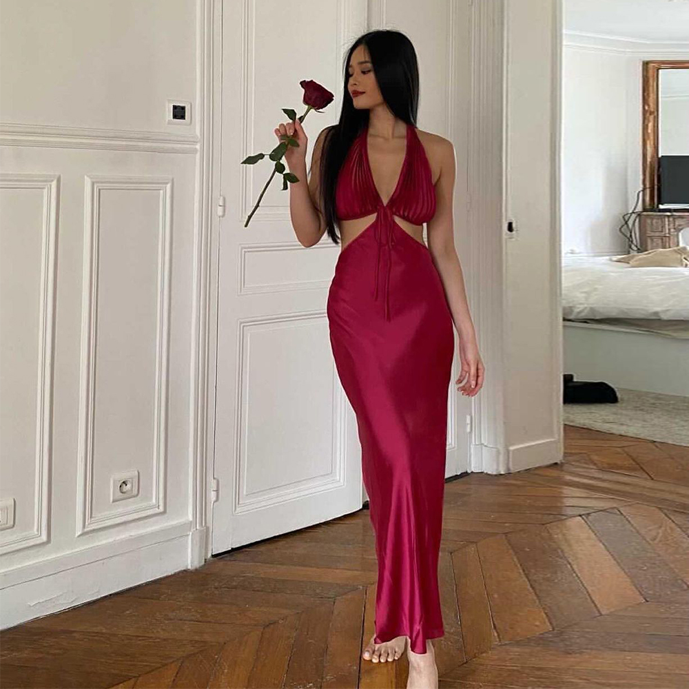 Elegant Silk Satin Halter Strapless Back Out Pleated Sexy Plus Size Ladies Party Set Holiday Loose Casual Long Dress