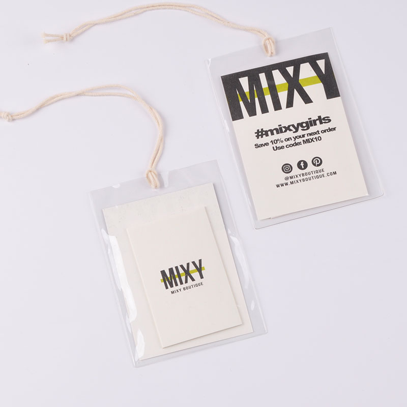 Custom brand logo hang tag sets with PVC packing and strings