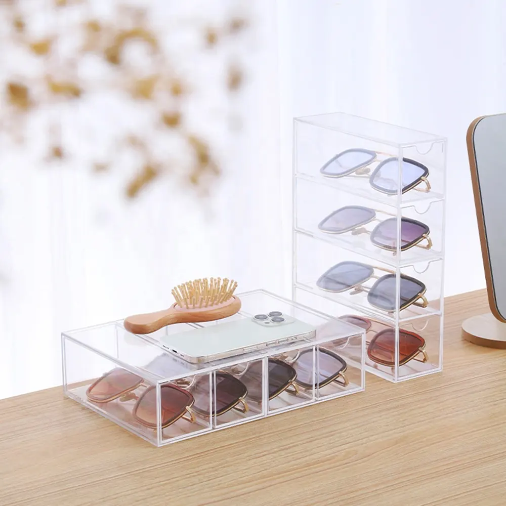 4 Clear Ps Divided Drawers Eyeglass Cases Display Sunglasses Organizer Tray Glasses Storage Box