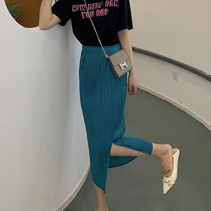 Miyake pleated skirt women's high waist versatile summer thin front slit slim bag buttocks holf skirt