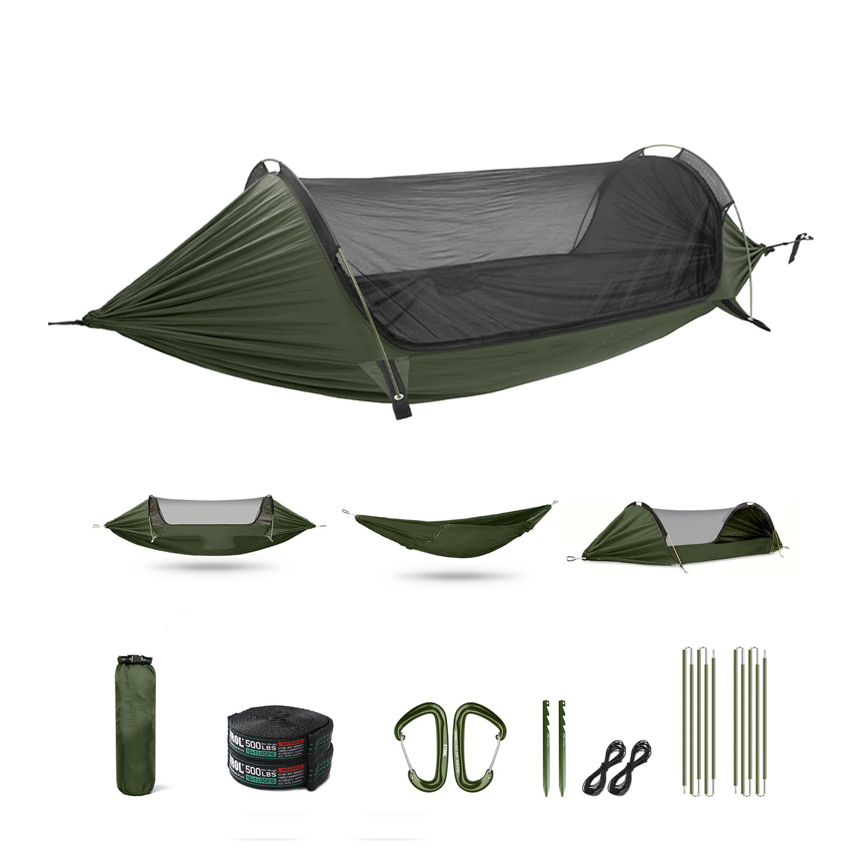 Aluminium Poles Camping Hammock With Mosquito Net, 3 In 1 Function Parachute Portable Hammock For Travel Outdoor