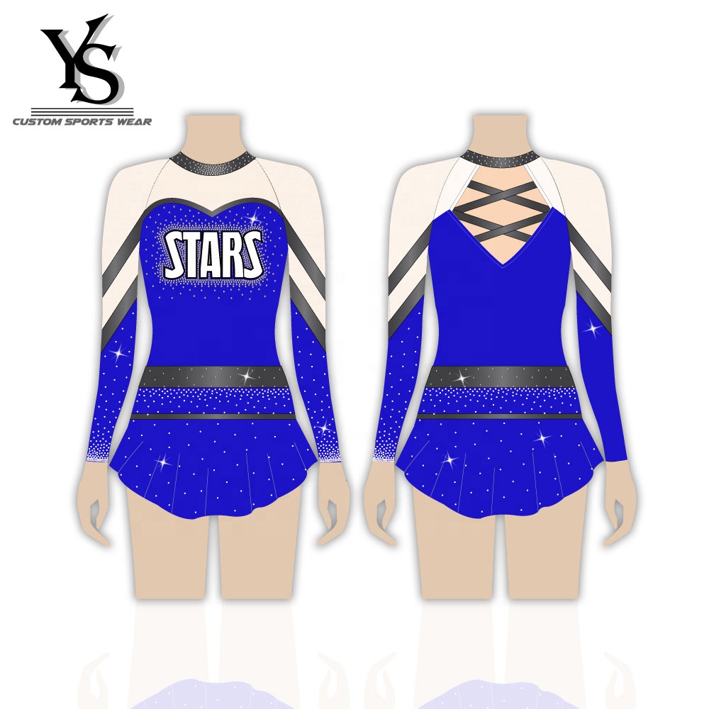 Girls Cheer Uniform OEM Custom Cheerleader Uniform for Youth to Adult with Mesh And Crystal Rhinestones