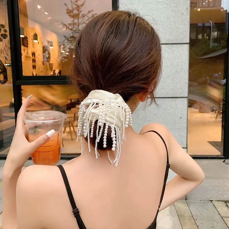 Bridal headwear fashion hot style temperament wind fringed satin texture hair ring net red pearl large intestine hair ring head
