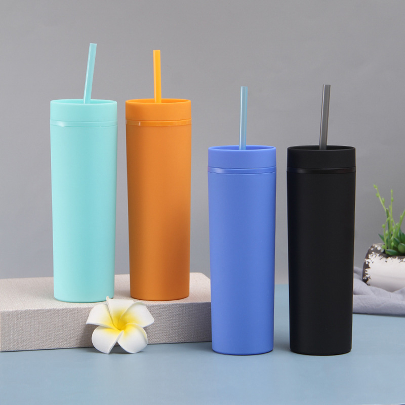 16oz Acrylic Skinny Tumbler Plastic Cup Double Wall Water Bottle Matte Macarons Colored Portable Coffee Cups With Seal Lid