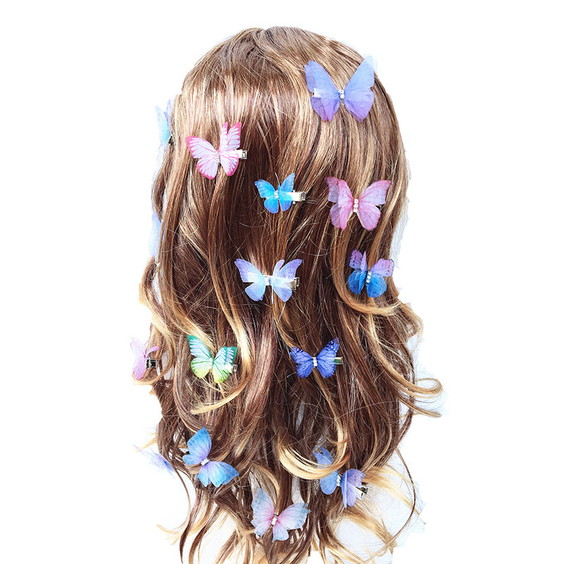 50 Pieces Wholesale Sweet Angel Hair Accessories Butterfly Hair Clip Set Tulle Simulation Color Butterfly Hairpin