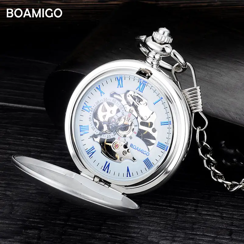 BOAMIGO brand new pocket watches fashion mechanical hand wind skeleton watches silver gift clock alloy case with chain