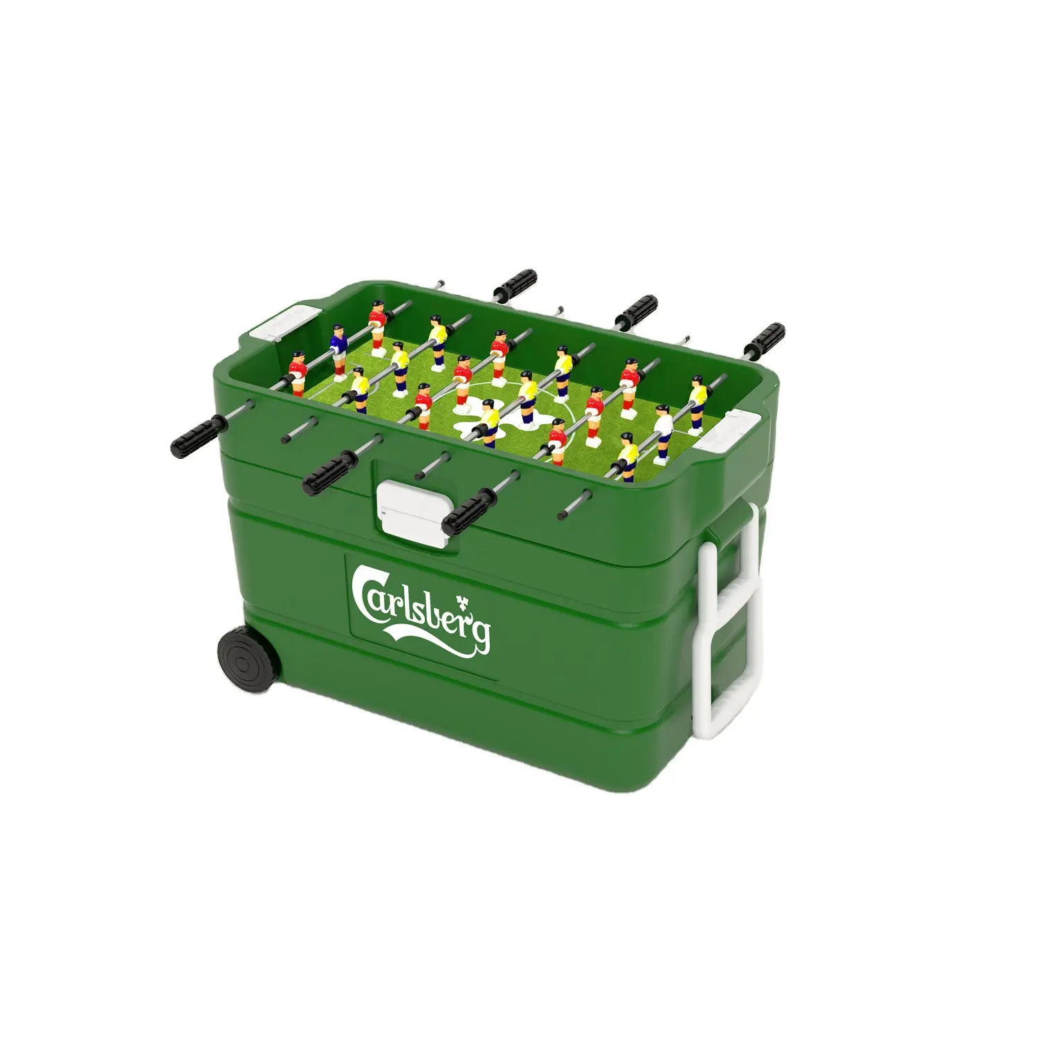 100% Eco-friendly Wheeled cooler box with football table game ideal for camping trips, tailgating parties, and picnics