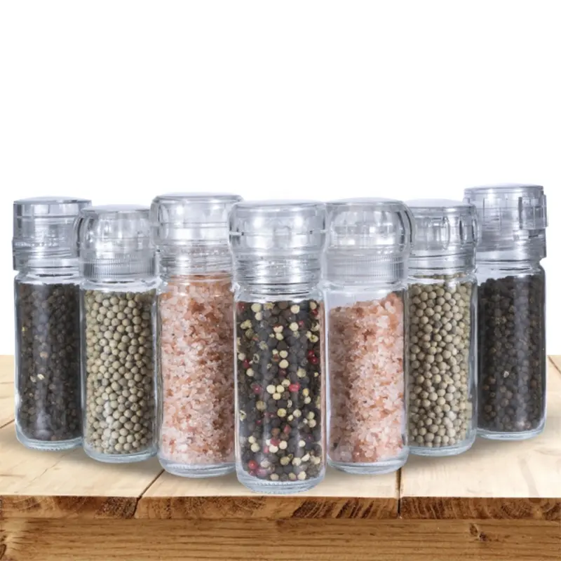 Competitive kitchen seasoning transparent plastic lid manual salt and pepper mills 100ml glass bottles spice shaker grinder