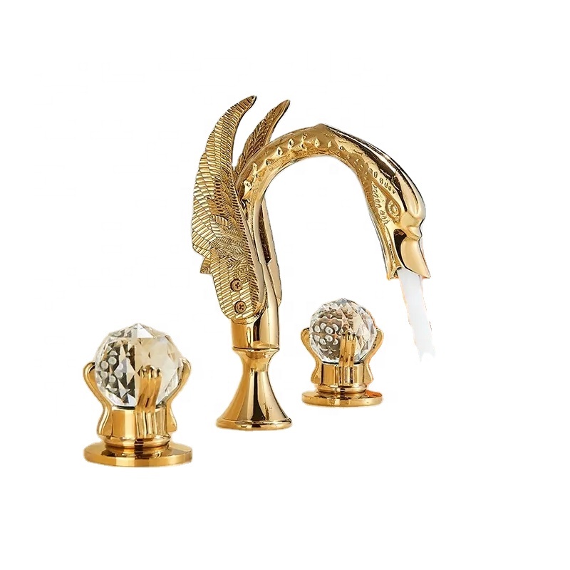 Wholesale Products Swan Shape Basin Tap Dual Crystal Handle Deck Mount Bathroom Mixer Taps Widespread Hot Cold Water Mixer Valve