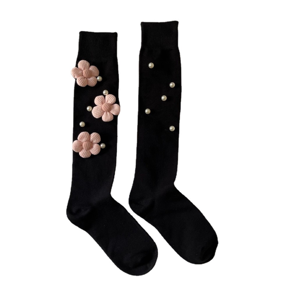 Decent design handmade pink flower knee high socks black and white delicacy women socks