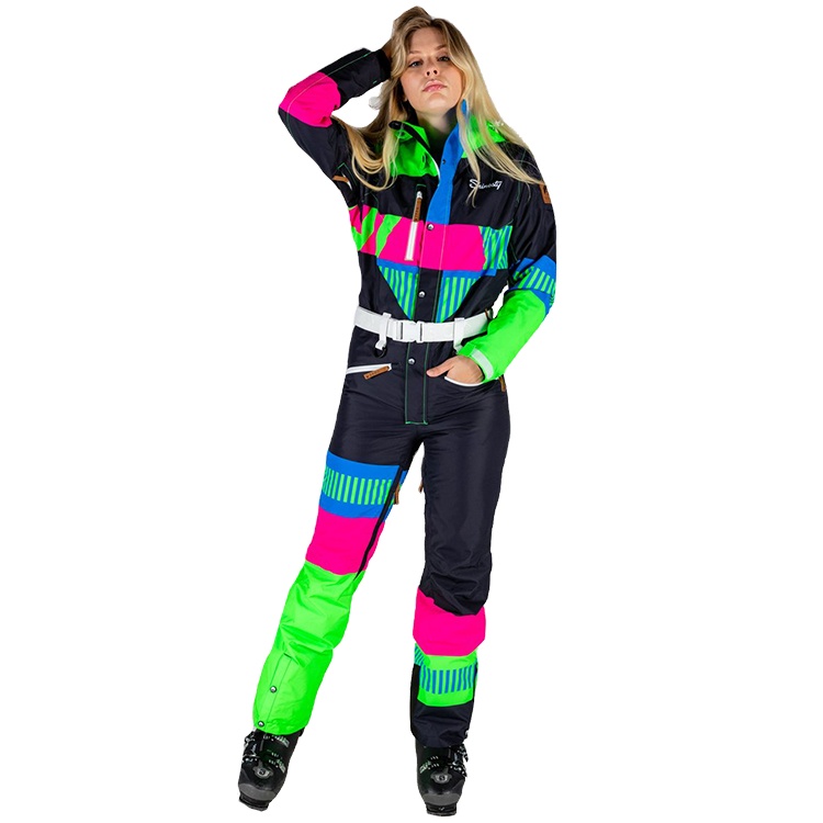 Contrast bright color digital printing overall one piece snowsuit ski jacket women