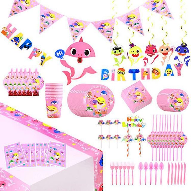 Pink Shark Baby Children's Cartoon Party Set Happy Birthday Decorations