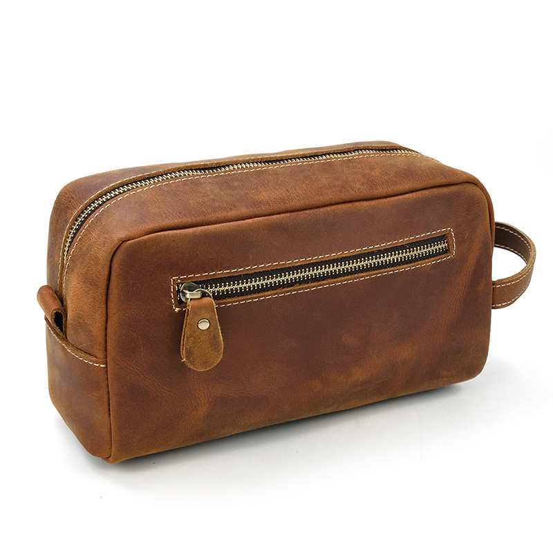 Luufan Men Cow Leather Washing Bag Cowhide Toiletry Bag Retro Unisex Durable Leather Makeup Pouch Cosmetic Bag Travel Kit Ladies