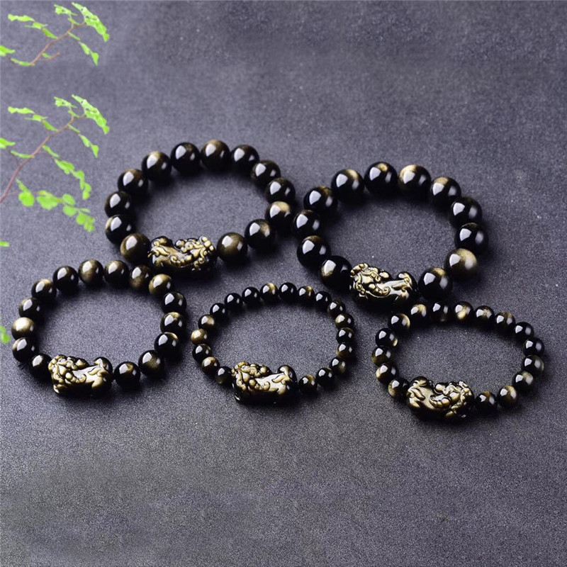Wholesale lucky amulet quartz beads natural pixiu gold obsidian bracelet
