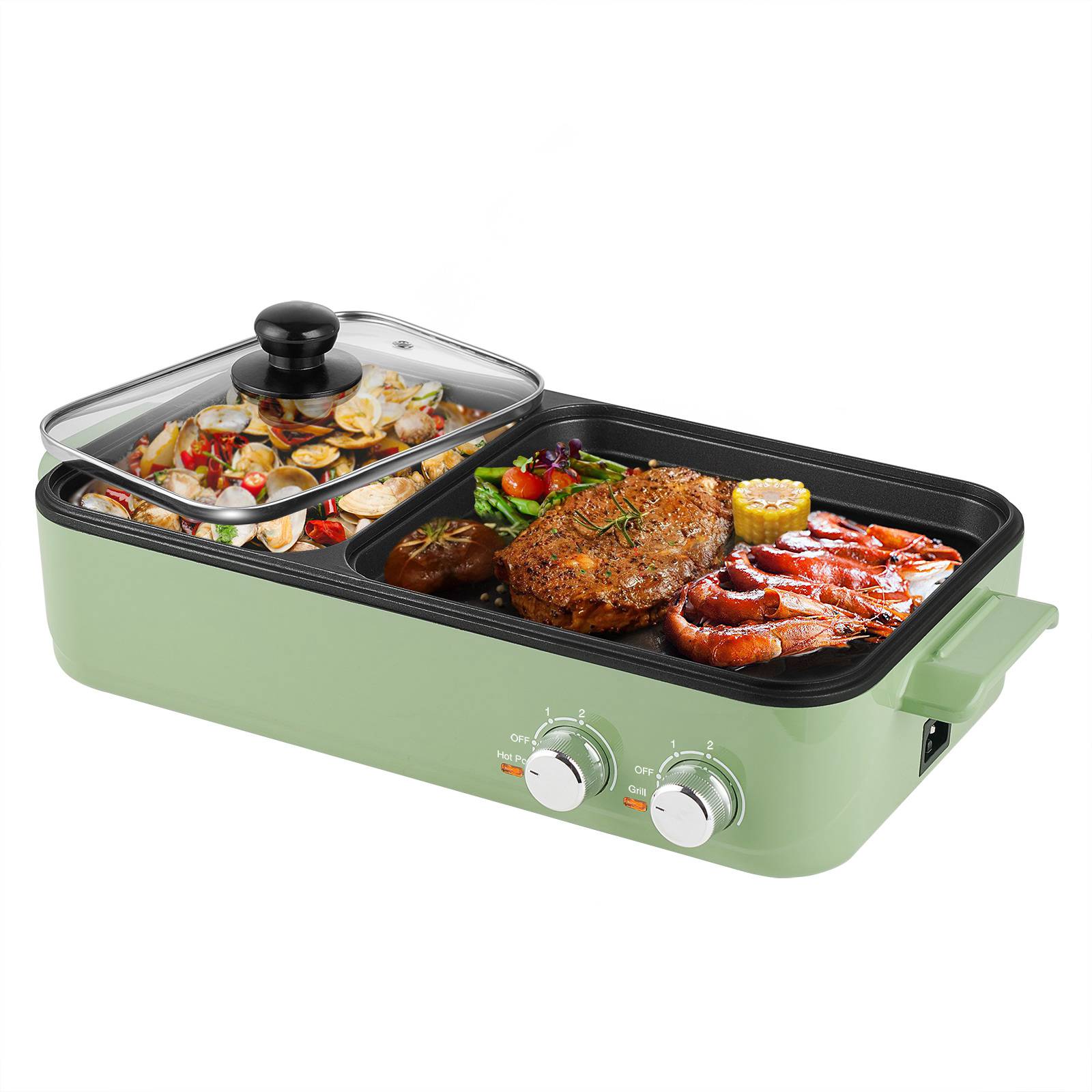 Independent dual temperature control 2 in 1 indoor non-stick electric bbq grill and hot pot