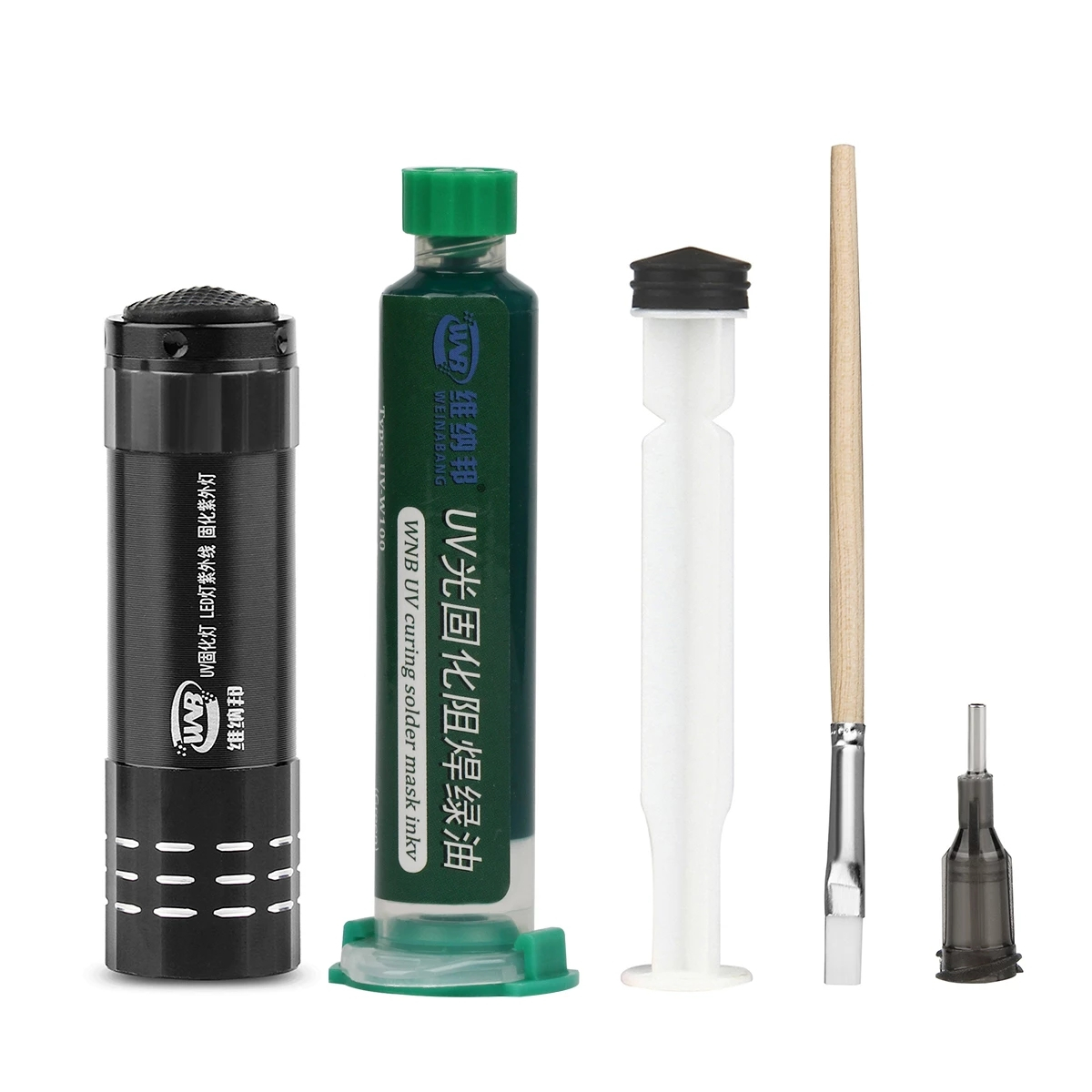 WNB 10ML Green Oil UV Solder Mask BGA PCB Paint Prevent Corrosive Arcing Soldering Paste Flux Inks Soft Nylon Brush 9 LED Light