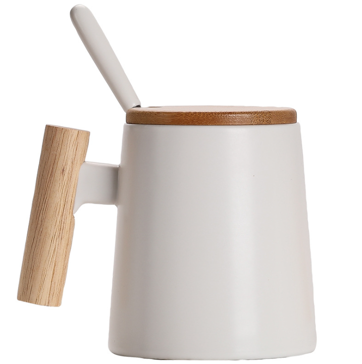 Nordic Porcelain Japanese Style Luxury Ceramic Water Cup Milk Coffee Tea Mugs Tumblers with Wooden Handle Bamboo Lid and Spoon