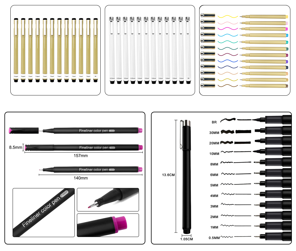 High Quality Sketching Permanent Micro Fineliner Color Finelin Liner Extra Point Tip Felt Fine Line Black Thin Marker Pen Set