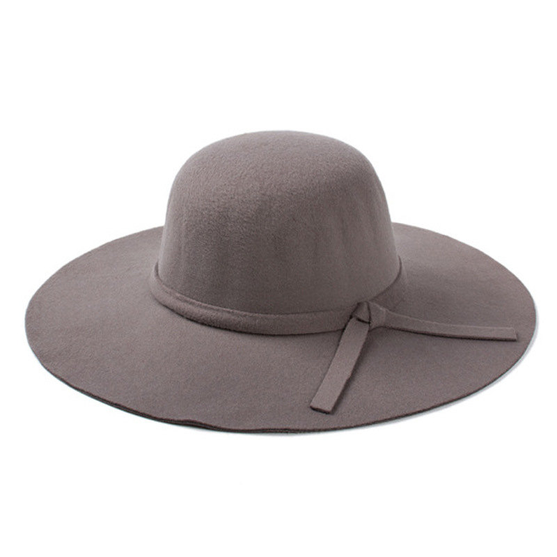 Wool Caps Female Seasonal fake wool Round Wide Brim felt hat with Ribbon