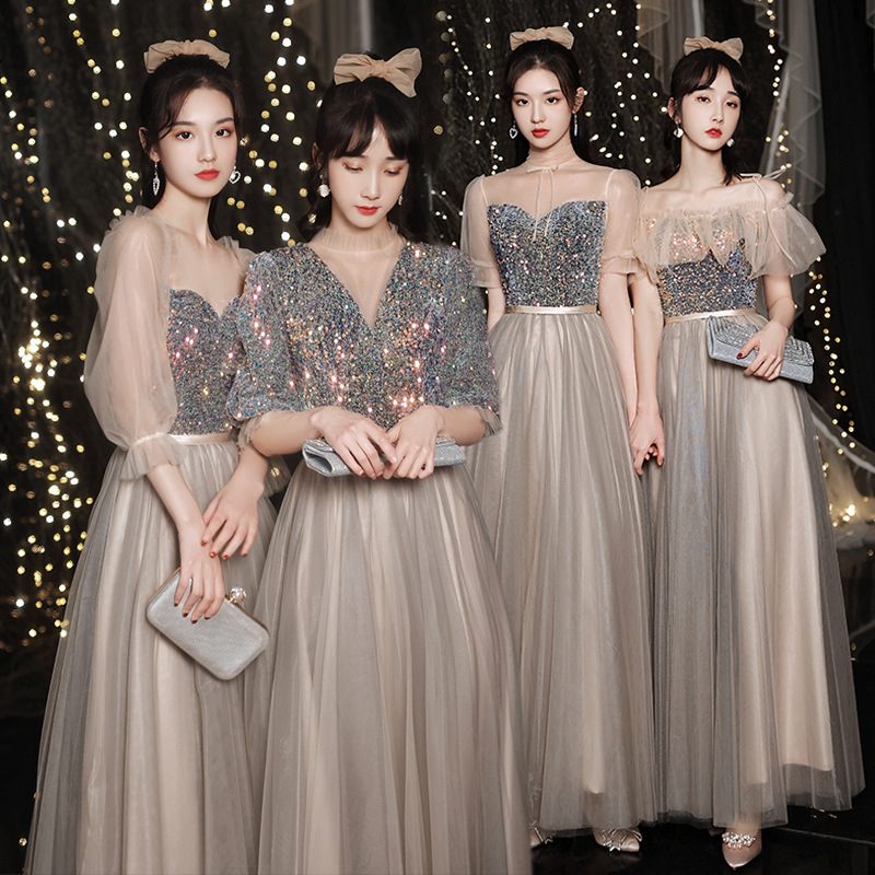 Bridesmaid Gowns 2021 Summer Transparent Tulle Spliced Sequin Bodice Corset Embroidery Fairy Midi Long Evening Wedding Dress