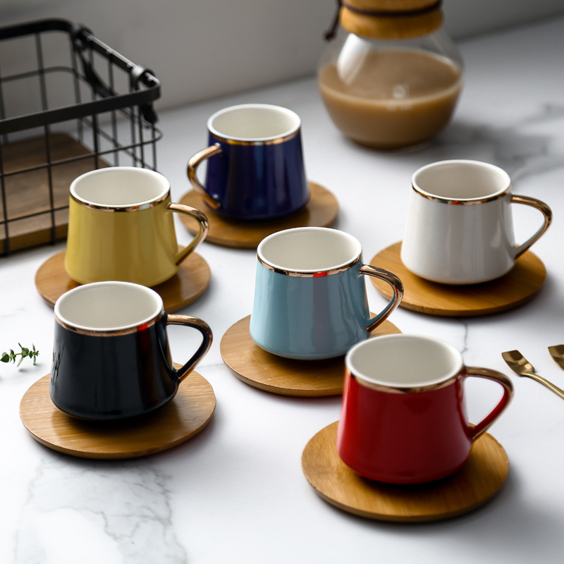 Modern style espresso latte tea cup set gold rim ceramic coffee cup and saucer set