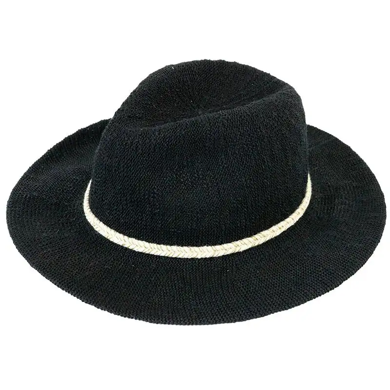 Ladies 100% Polyester Knitted Hat With Decorative Tape Fedora Hat