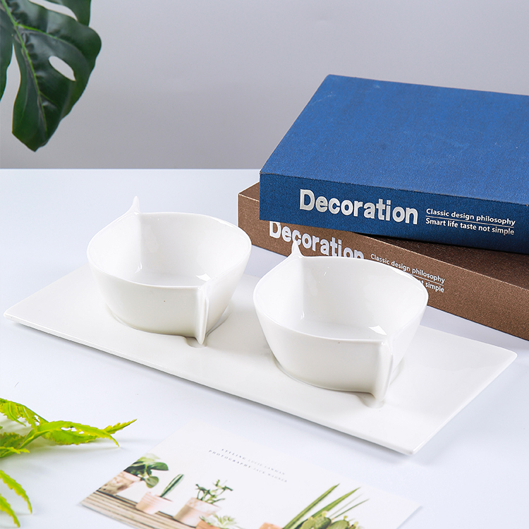 CANHUI White Serving Bowls Set Snack Dessert Dishes Ceramic Salad Fruit Bowl With Flat Square Porcelain Plate