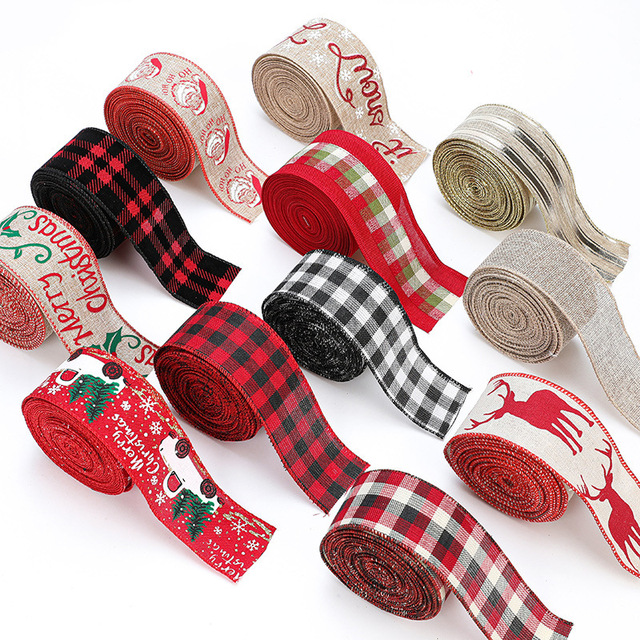 Variety Of Styles Embroidery Letters Xmas Tree Elk Linen Christmas Ribbon Bow Knot Iron Wire Buffalo Plaid Christmas Ribbon 2021