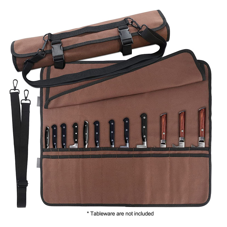 Multifunction Portable Roll Up Collapsible Chef Knife Set Organizer Canvas Bag With Adjustable Shoulder Strap