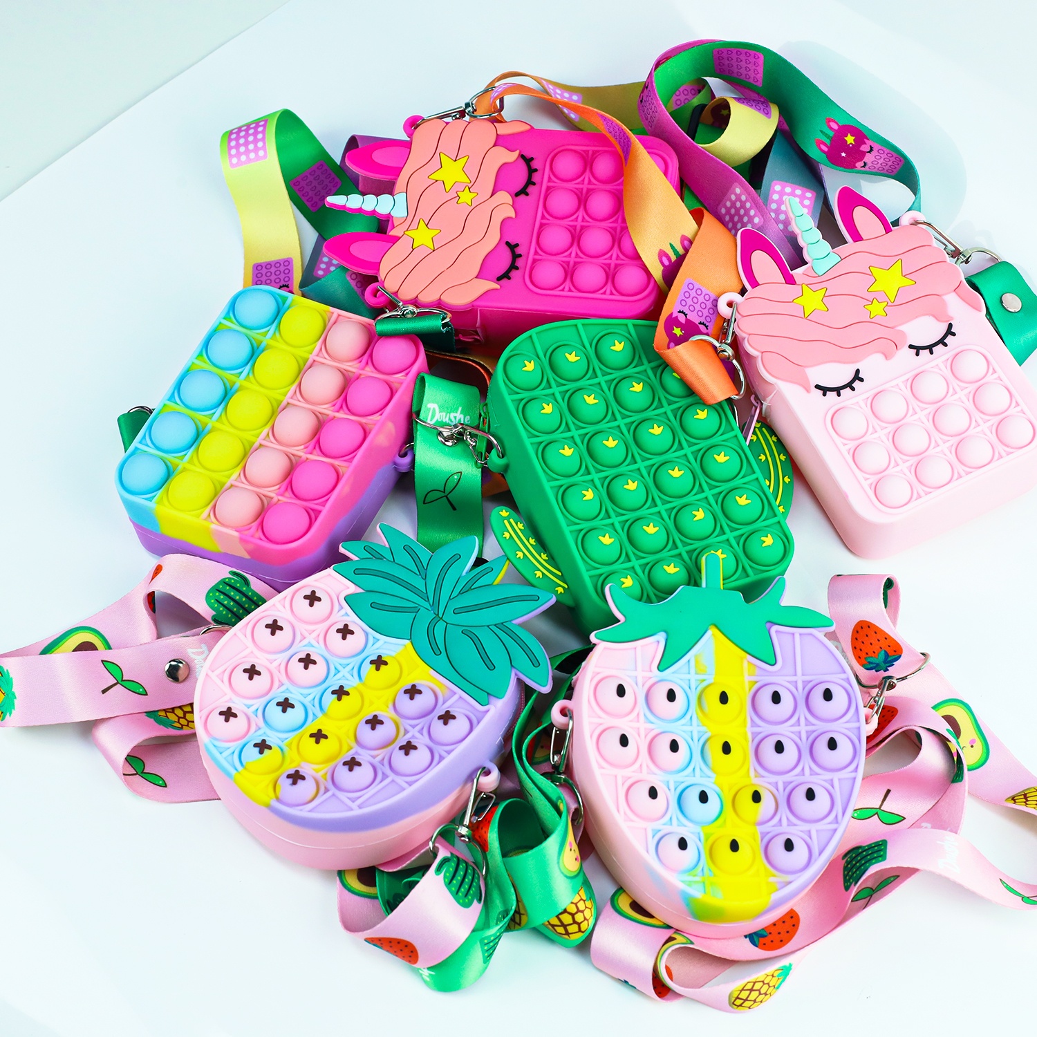 Hot sell rainbow push pop bubble unicorn fidget bag coin purse monedero silicona of fidget mini bag
