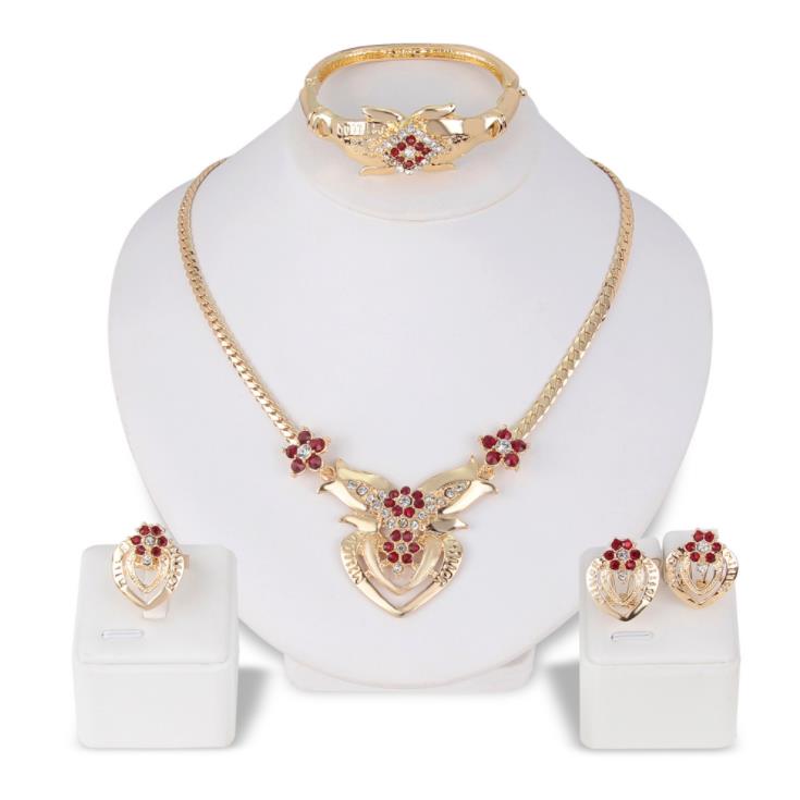 African Fashion 18k Gold Plated Ring Jewelry Set Fashion Exaggerated Red Flower Crystal Rhinestone Jewelry Set