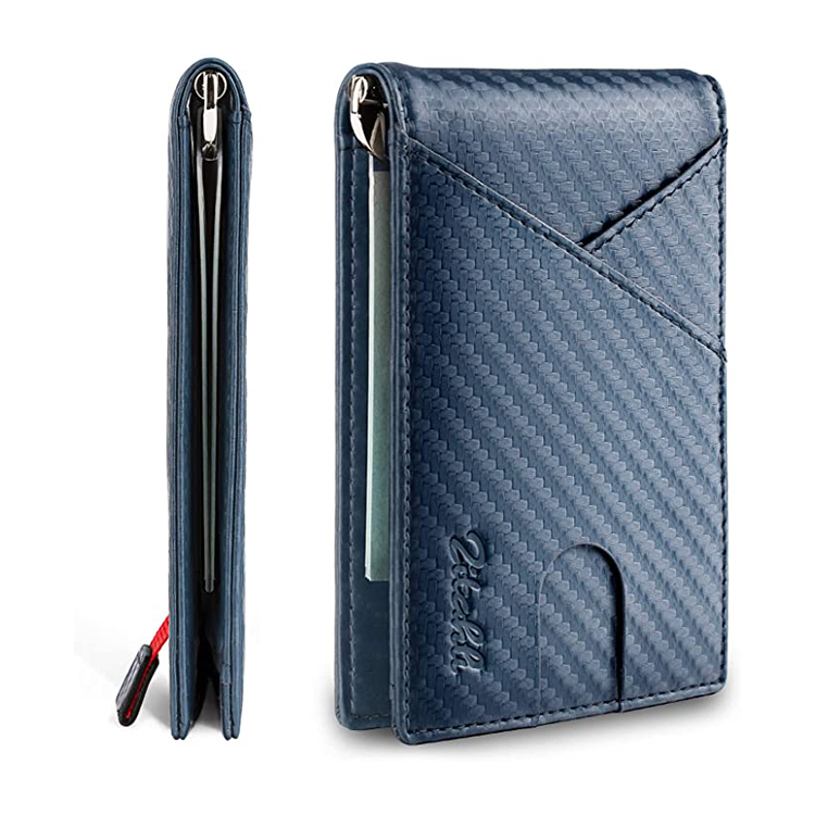 Amazon Amazon Hot Sales RFID Carbon Fiber Pattern Genuine Leather Wallet Slim Smart Money Clip with Card Holder