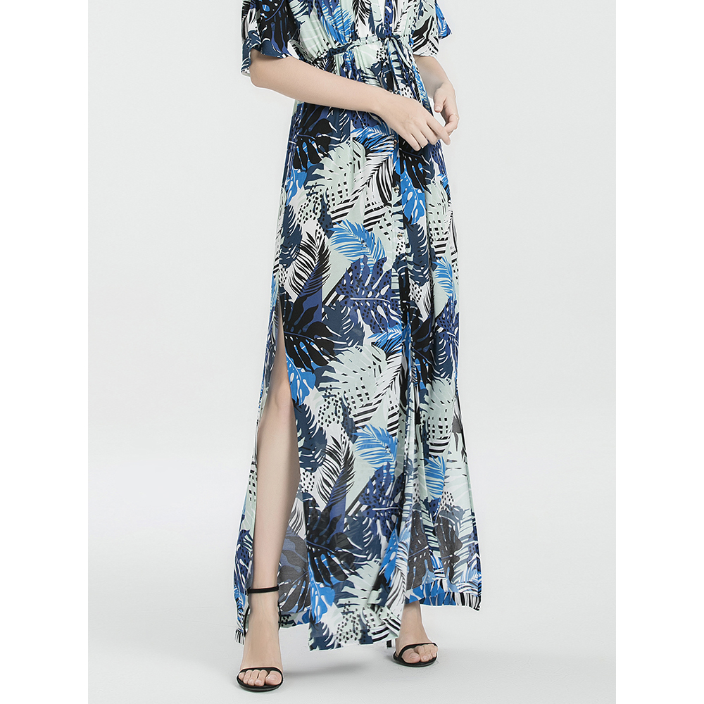 HISOKEY self-made limited printing holiday series V-neck short-sleeved high-waist lace-up slit print dress
